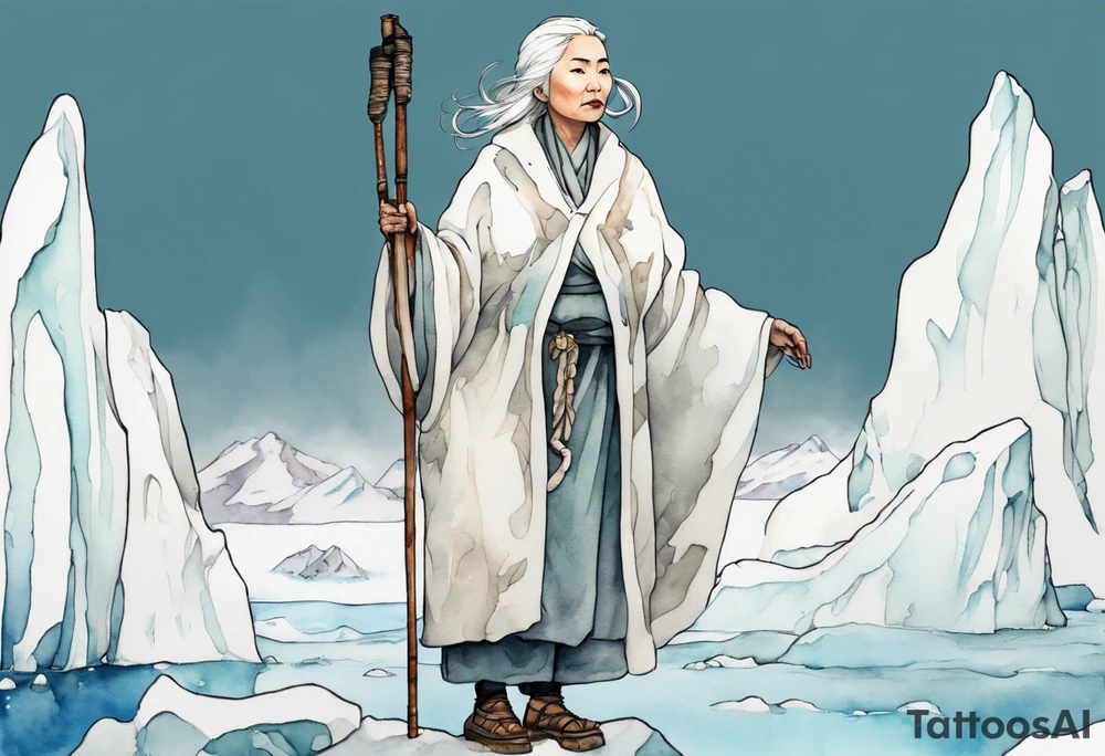 a 40 year old Inuit woman with white hair and a white robe holding a white hiking stick, standing on an iceberg tattoo idea