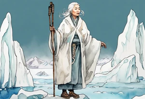 a 40 year old Inuit woman with white hair and a white robe holding a white hiking stick, standing on an iceberg tattoo idea