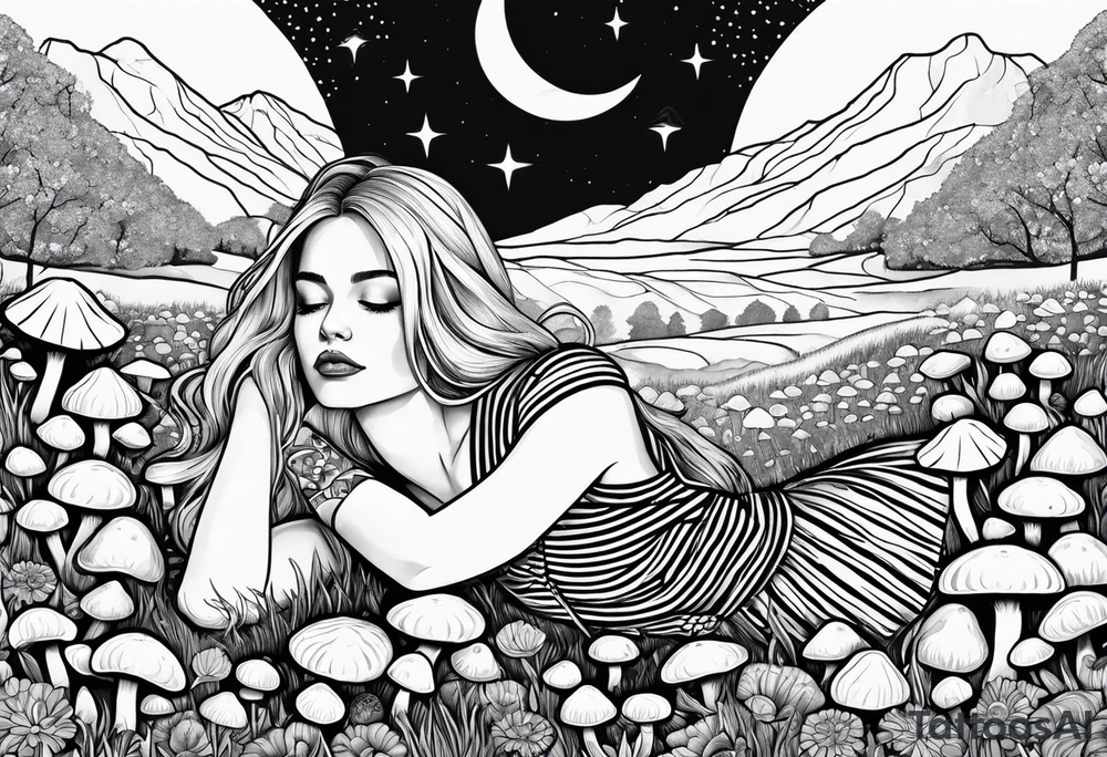 Straight blonde hair girl in black and white striped dress sleeping in a field of mushrooms with mountains s
and crescent moon mandala background tattoo idea