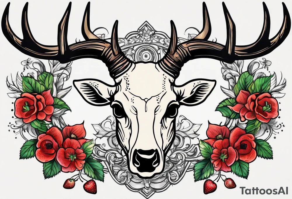 A deer skull. The astrological sign for Aries and Taurus hanging from the antlers. There should be some strawberry imagery in it also. tattoo idea