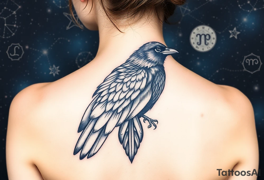Raven with starry sky background with zodiac constellations in it with runes in sky tattoo idea