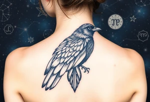 Raven with starry sky background with zodiac constellations in it with runes in sky tattoo idea