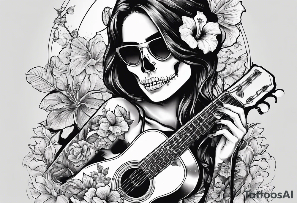 female skeleton playing guitar. Hibiscus flower tattoo idea