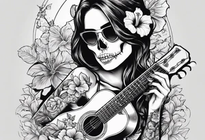 female skeleton playing guitar. Hibiscus flower tattoo idea