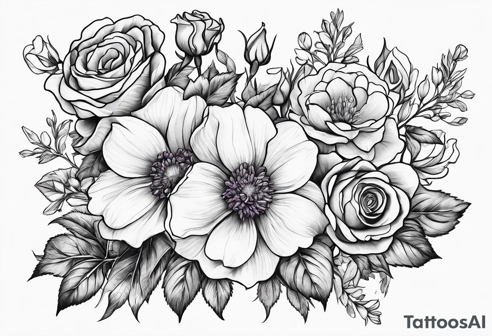 line drawing of rose, violet, larkspur and aster bouquet tattoo idea
