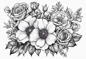 line drawing of rose, violet, larkspur and aster bouquet tattoo idea