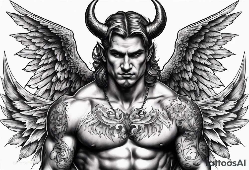 Devil with angel wings aggressive  behind Sundays in the background tattoo idea