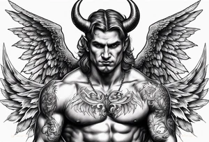 Devil with angel wings aggressive  behind Sundays in the background tattoo idea