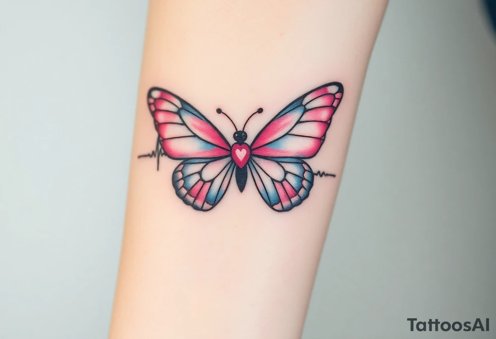A heartbeat line transforming into a butterfly, with delicate wings painted in pastel pinks and blues, symbolizing transformation and love. tattoo idea