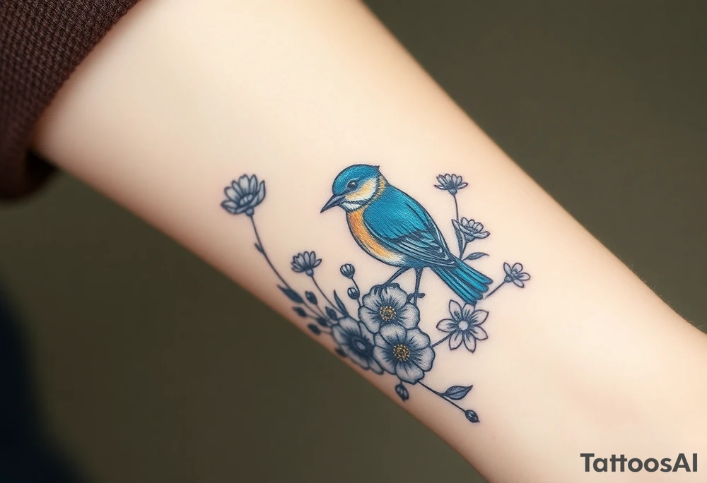 Puffy bluebird surrounded by wild flowers tattoo idea