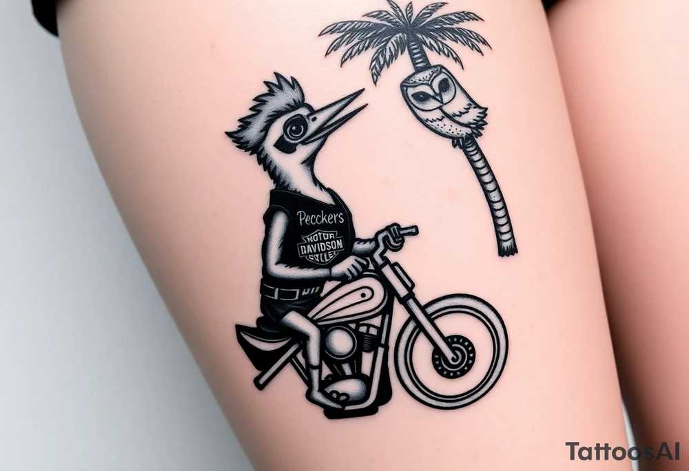 Woody the woodpecker wearing a leather vest that says peckerwoods, on a Harley Davidson under a palm tree, gazing in love at a barn owl tattoo idea
