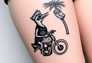 Woody the woodpecker wearing a leather vest that says peckerwoods, on a Harley Davidson under a palm tree, gazing in love at a barn owl tattoo idea