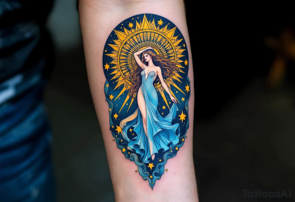 Alfons Mucha’s celestial maiden in a sky-blue dress, encircled by radiant golden sunbursts and stylized stars. tattoo idea