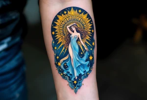 Alfons Mucha’s celestial maiden in a sky-blue dress, encircled by radiant golden sunbursts and stylized stars. tattoo idea