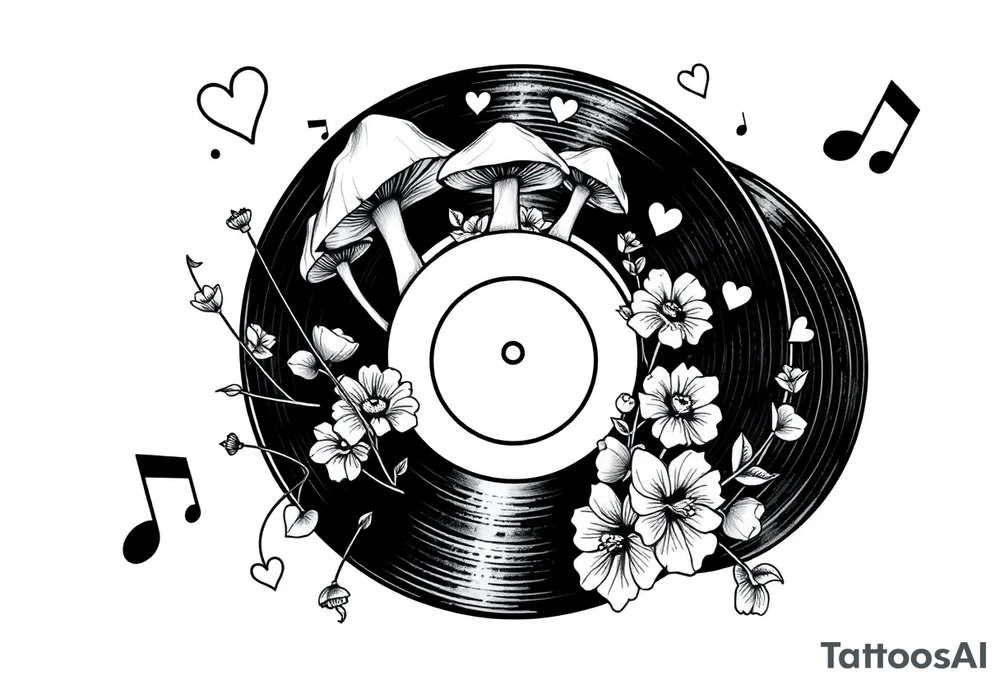 vinyl record with mushrooms, flowers, hearts, and music notes tattoo idea