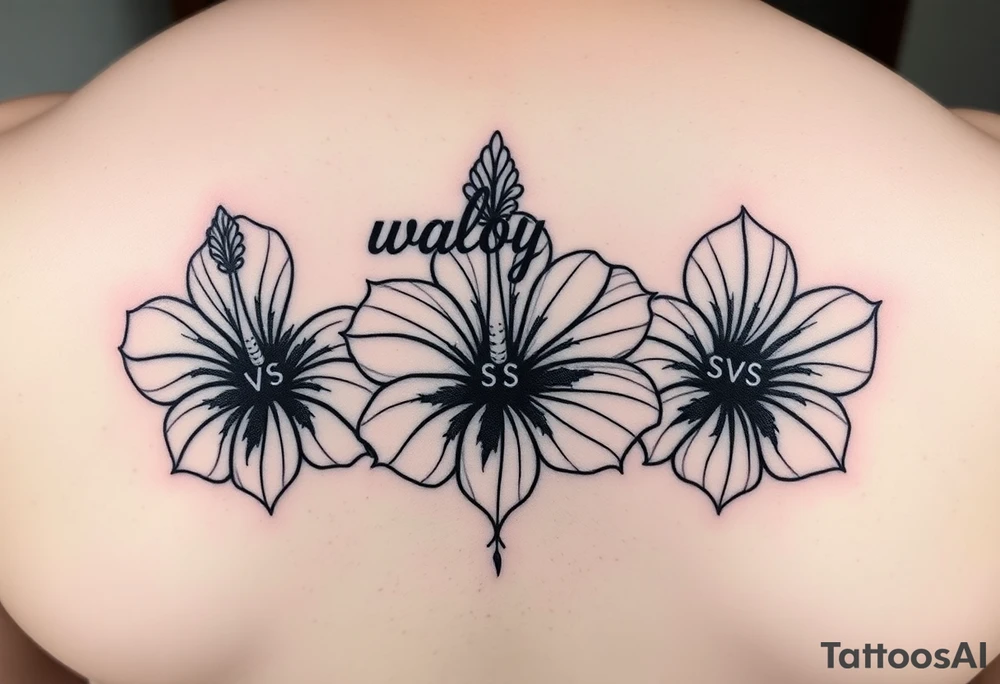 3 Tribal designed Hibiscus flowers with the work “waloy” over them and the letters “svs” within the tribal flowers with each letters on each flowers tattoo idea
