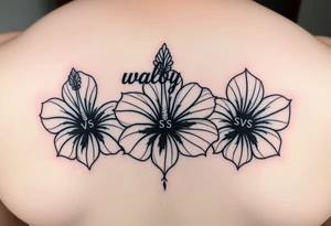 3 Tribal designed Hibiscus flowers with the work “waloy” over them and the letters “svs” within the tribal flowers with each letters on each flowers tattoo idea