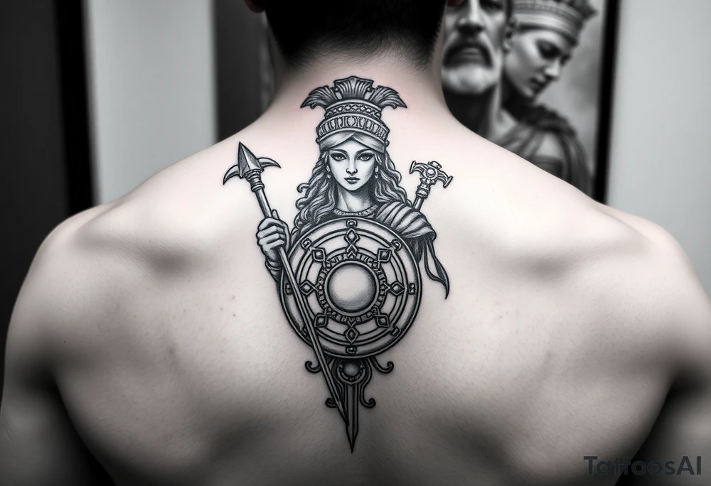 Athena goddess of war and wisdom with her Medusa shield and spear as a women’s sleeve tattoo idea