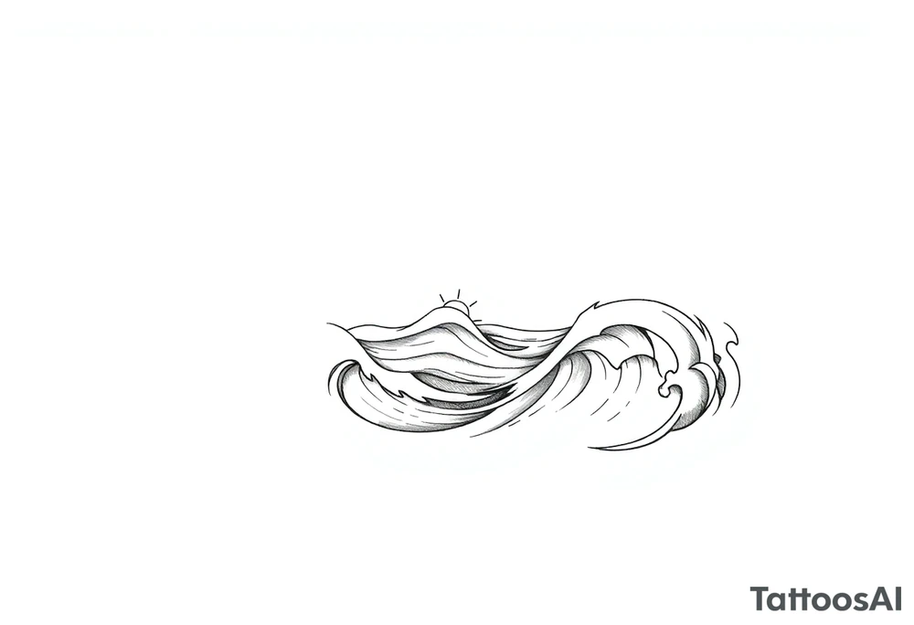 Wrap-around tattoo design, black and white line art. Stylized calm sea with flowing waves wrapping around the arm, horizon line extending seamlessly. Above the horizon, a glowing sun or moon integrated into the circular flow, with subtle Norse runes (Algiz, Raido) hidden in the light. Balanced, elegant, marine and mythological atmosphere. Clean outlines, high contrast, stencil-ready for forearm tattoo. tattoo idea