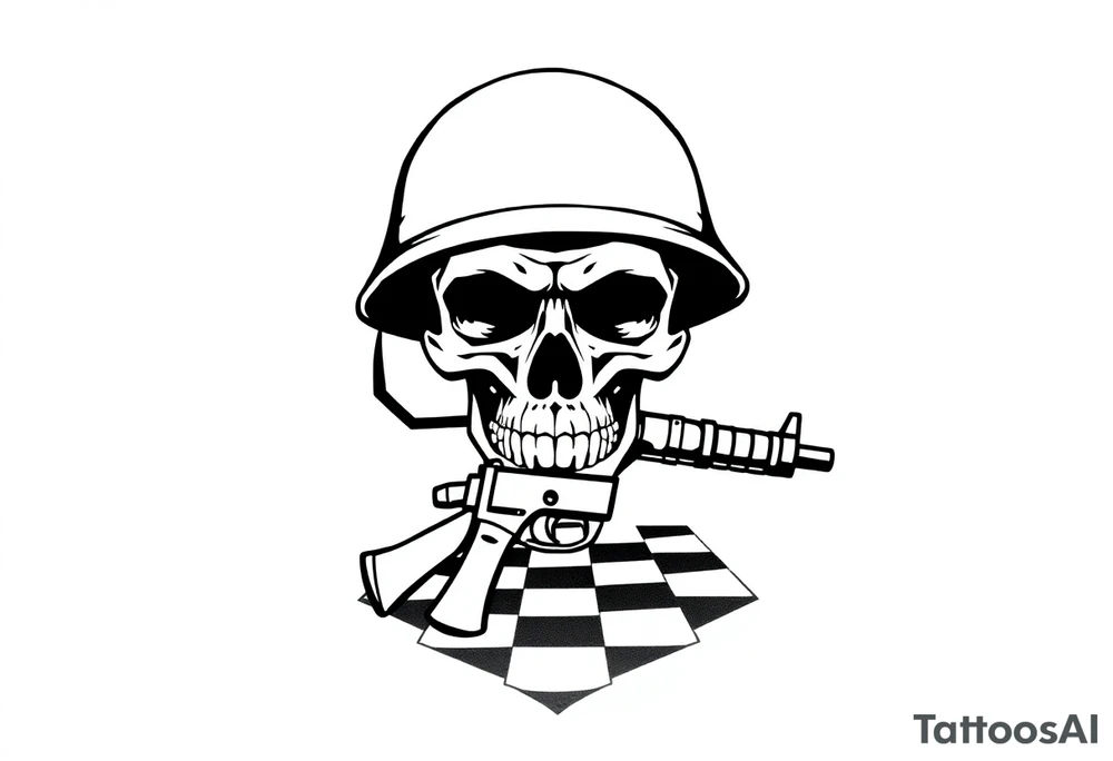 soldier skull with gun and checkered floor tattoo idea