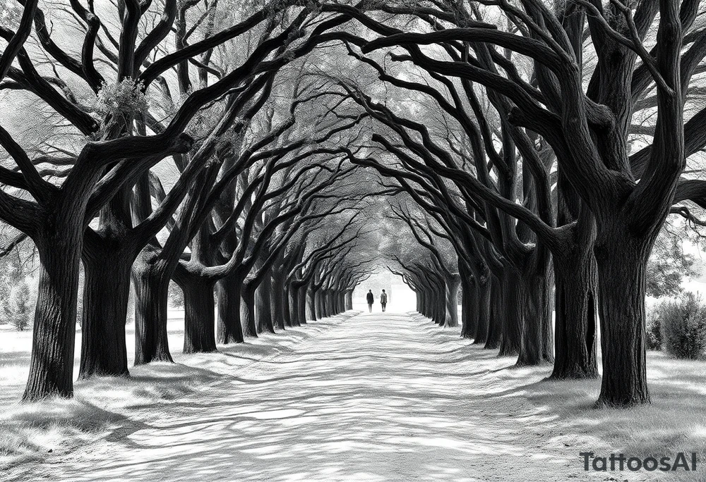 Tree lined dirt road. Road is rough, not smooth. Trees are oak, lining the road unevenly, tight so little light gets through. Branches arch across the road, some meeting in the middle. Dappled sunlight where it hits. Road gets smaller in the distance. tattoo idea
