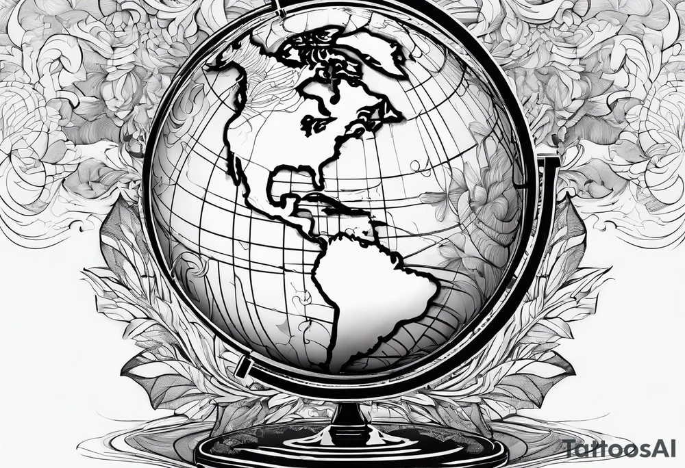 globe map single thin pen line blowing up tattoo idea