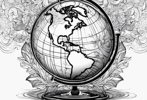 globe map single thin pen line blowing up tattoo idea