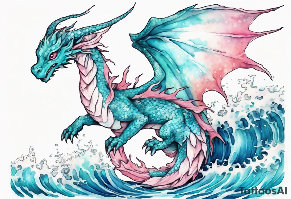 a beautiful turquoise and white and pink fairy dragon rising from the blue waves of the ocean tattoo idea