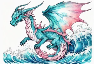 a beautiful turquoise and white and pink fairy dragon rising from the blue waves of the ocean tattoo idea