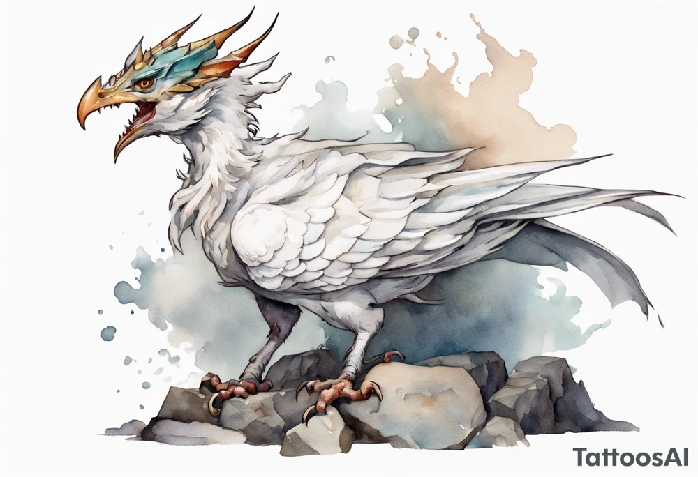 a white bird-wyvern hybrid, wearing a plain iron crown on head, perched on a stone tattoo idea