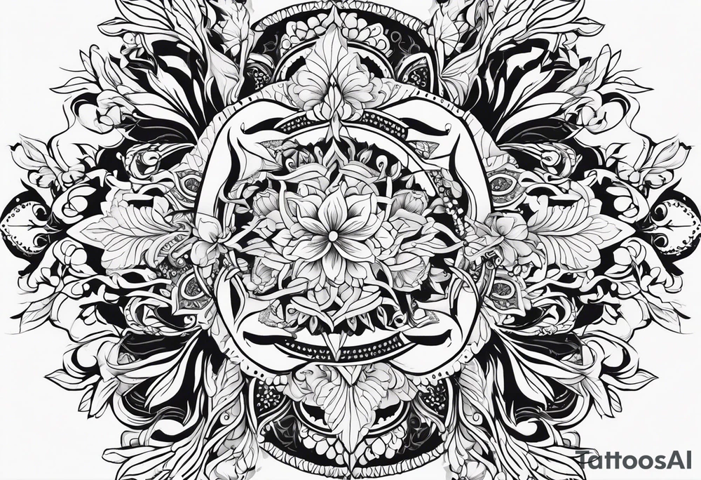 Feminine sleeve tattoo, tribal, bohemian, negative lace, ancient symbolism with Phoenix rising, mandala sun, beautiful flowers, lilies tattoo idea