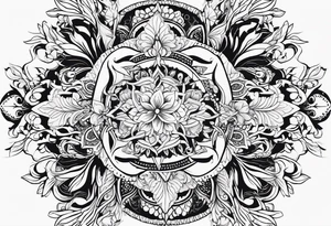 Feminine sleeve tattoo, tribal, bohemian, negative lace, ancient symbolism with Phoenix rising, mandala sun, beautiful flowers, lilies tattoo idea
