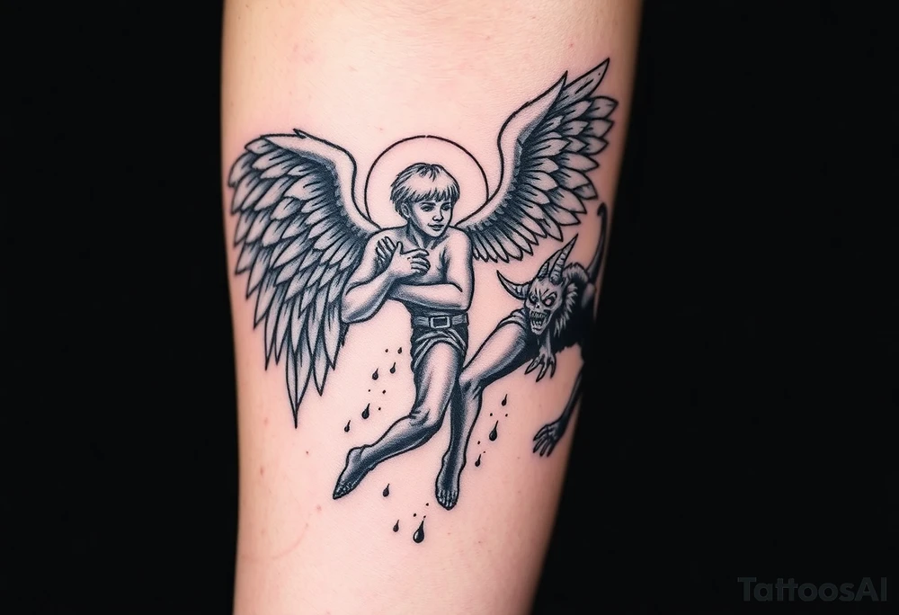 Angel grabing for mans hand ass he's being pulled to hell by demons tattoo idea