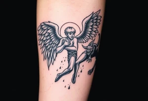 Angel grabing for mans hand ass he's being pulled to hell by demons tattoo idea