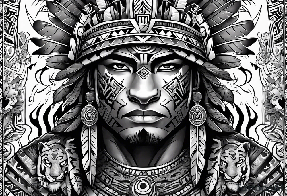 Aztec warrior with aztec symbols in the back ground and a tiger pelt on the warriors head tattoo idea