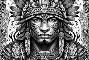 Aztec warrior with aztec symbols in the back ground and a tiger pelt on the warriors head tattoo idea
