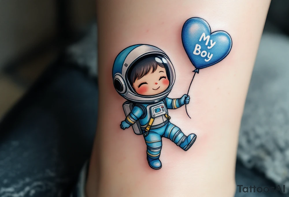 A cheeky little astronaut in a blue and silver suit, floating with a balloon shaped like a heart labeled “My Boy.” tattoo idea