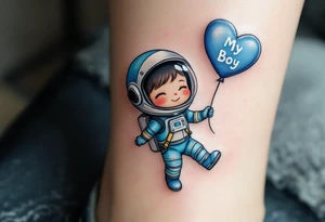 A cheeky little astronaut in a blue and silver suit, floating with a balloon shaped like a heart labeled “My Boy.” tattoo idea