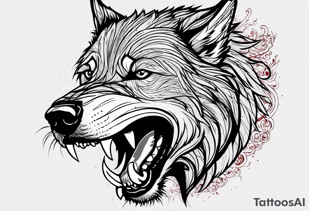 Create aggressive, vicious dog, with some blood coming out of his mouth and saliva. Make it a drawing and use the image of reference. I am going to add. I want HIM TO BE ANGRY WITH RED EYES use VICIOUS WOLF THATS ANGRY tattoo idea