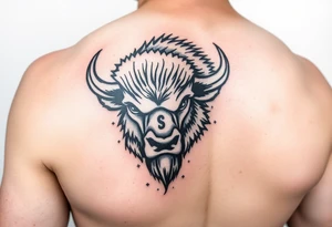 Powerful Buffalo head, charging face first into a snow storm, Stanford logo as a brand, on bicep shoulder. tattoo idea
