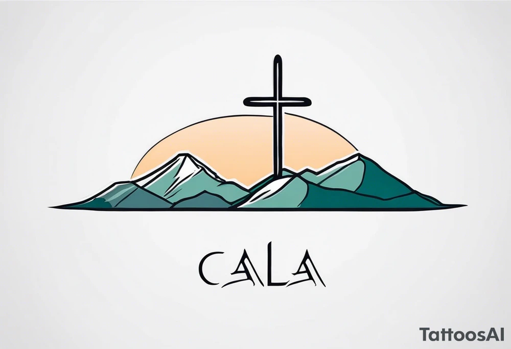 Sideways thin cross with Mountains and the word "Cala" that is simple and small tattoo idea