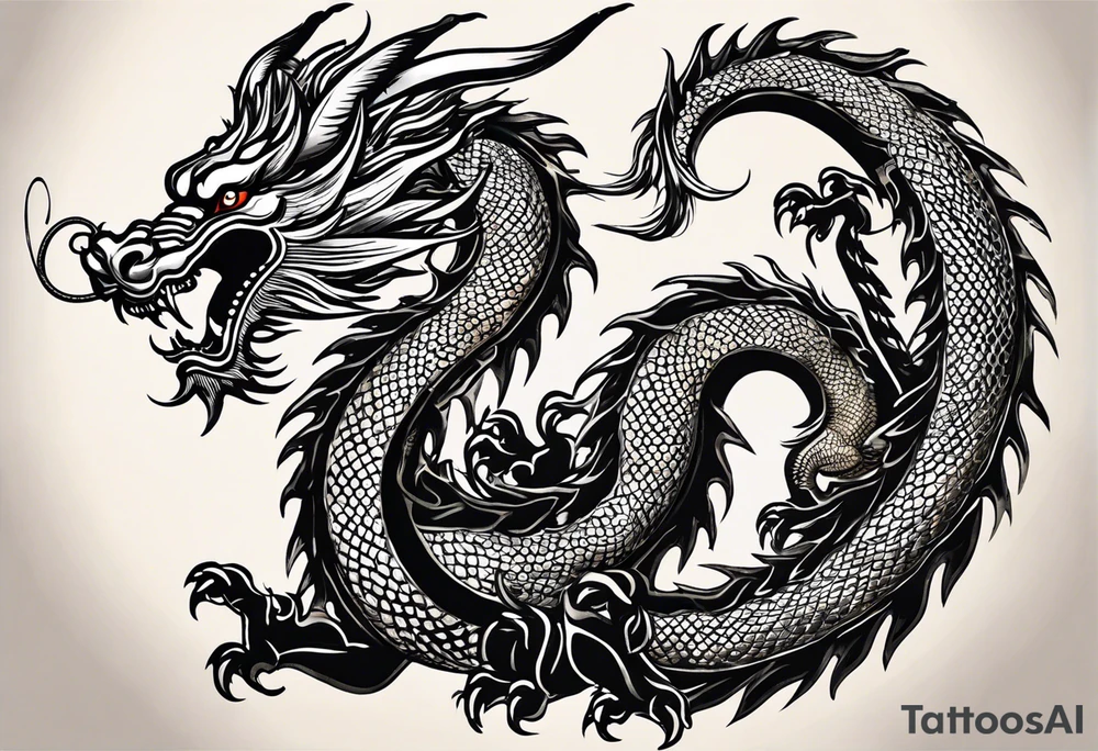 Create a detailed sketch of a Chinese dragon tattoo. The dragon should be depicted in a dynamic, serpentine pose, with its body coiled and flowing gracefully. Emphasize its ornate features: long, sinuous body covered in intricate scales, powerful claws, and a fierce, expressive face with prominent whiskers and a beard. Include traditional Chinese elements like clouds or waves to enhance the composition. Use clean lines and bold shading to ensure the design is suitable for a tattoo, with a focus on capturing the dragon's majestic and mythical qualities tattoo idea