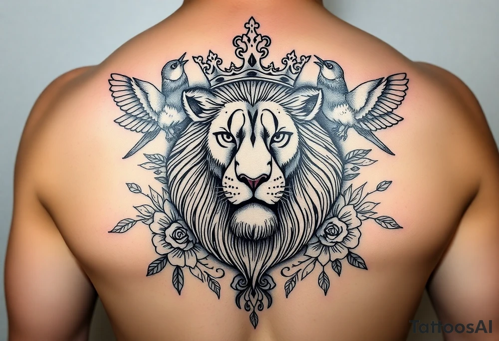 powerful majestic lion with a crown, surrounded by floral ornaments and birds tattoo idea