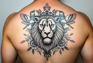 powerful majestic lion with a crown, surrounded by floral ornaments and birds tattoo idea