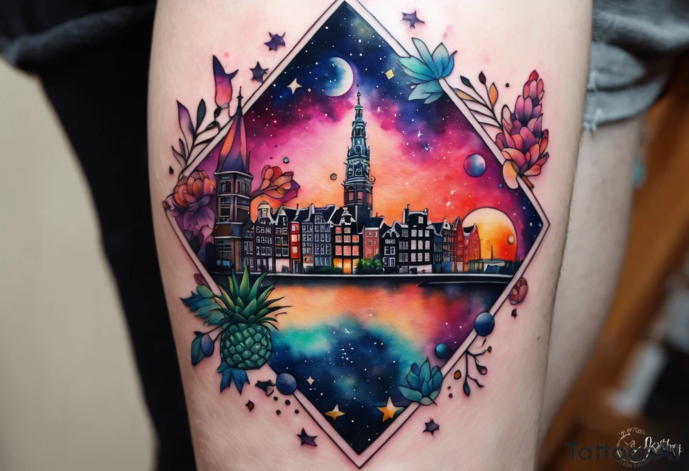 Arm tattoo, Animals, birds, stag, fox, watercolour of animals made from glass in Amsterdam featuring Amsterdam buildings and Amsterdam canal in galaxy colours featuring pineapples as space colours, galaxy colours, night sky, pineapples tattoo idea