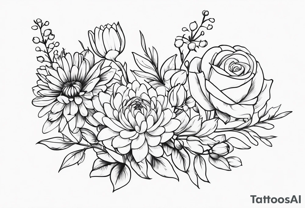 Asters, roses, lily of the valley, and chrysanthemums in a long line tattoo idea