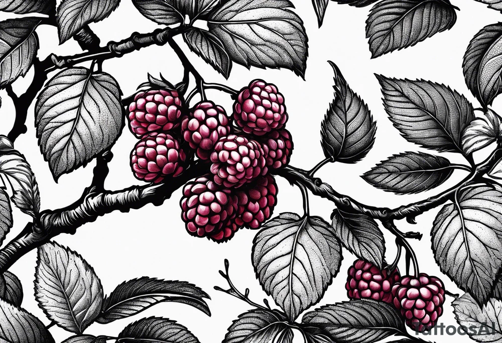 a long raspberry branch that focuses on line work. Includes a small signature in the branches that says "Popkin" tattoo idea