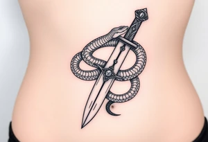 mystical snake coiled around an ancient dagger with jeweled hilt tattoo idea