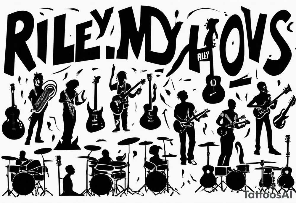 shadows of band members playing instruments. The words Riley and Jasper are formed by the parts of the picture. tattoo idea