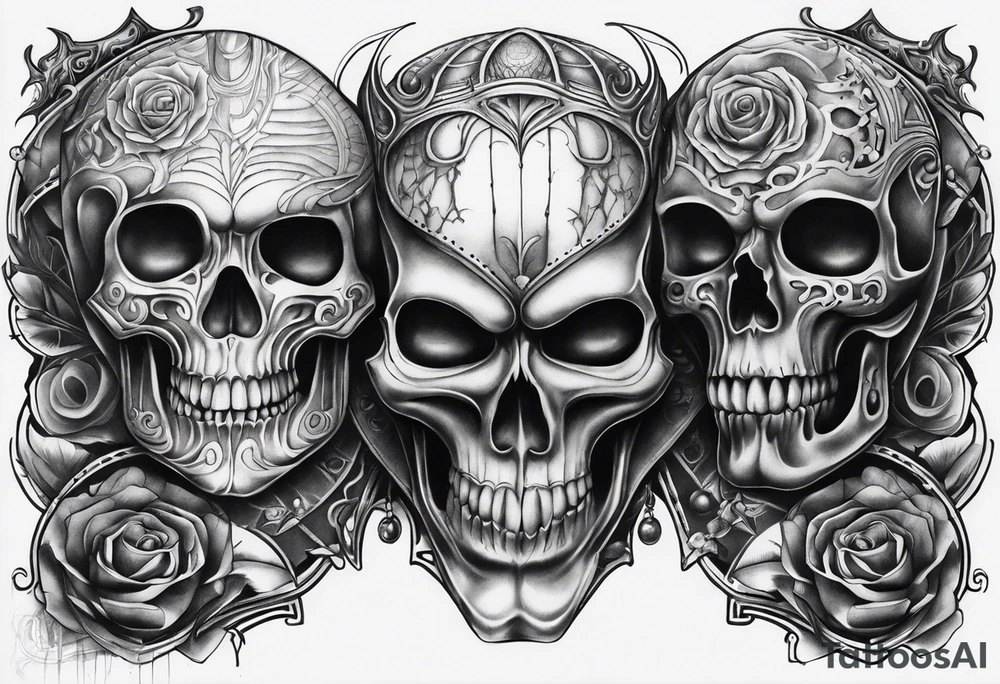 H.R Giger style thigh tattoo with skulls tattoo idea